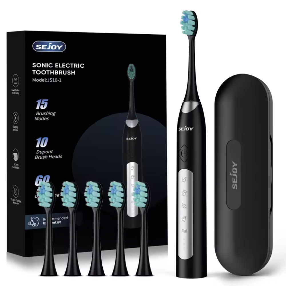 Brosse à dents électrique sonique - 10 têtes de brosse - Étanche IPX7, chargement USB, 5 modes - Noir
