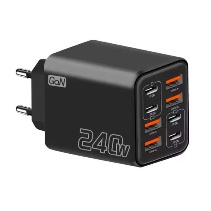 8-Port Plug Charger 240W GaN - USB/USB-C Wall Charger Adapter - Black