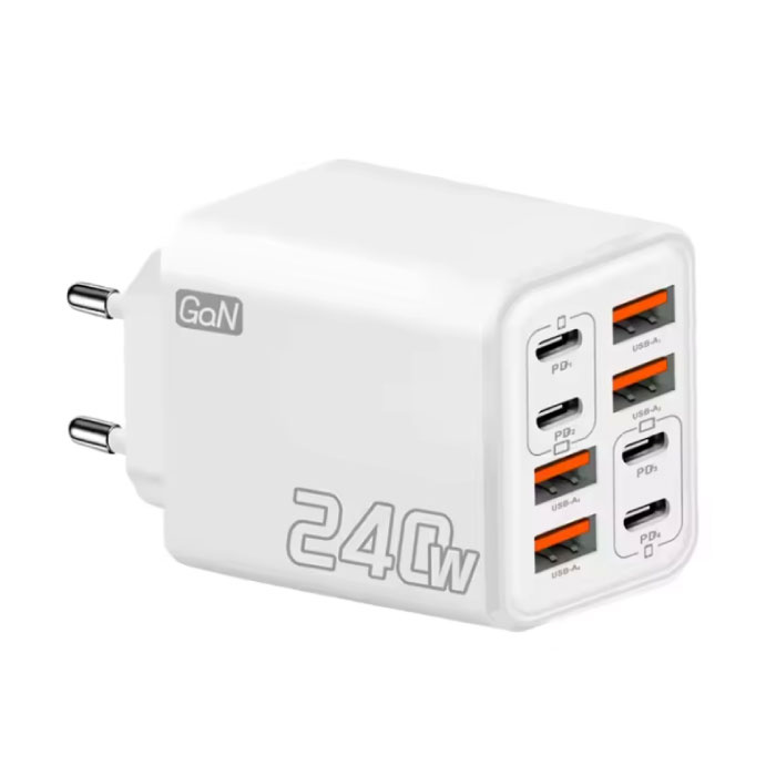 8-Port Plug Charger 240W GaN - USB/USB-C Wall Charger Adapter - White