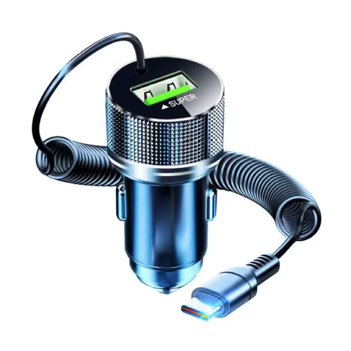 Cargador de coche metálico - Puerto USB y cable USB-C - Adaptador de cargador de 12 V - Negro