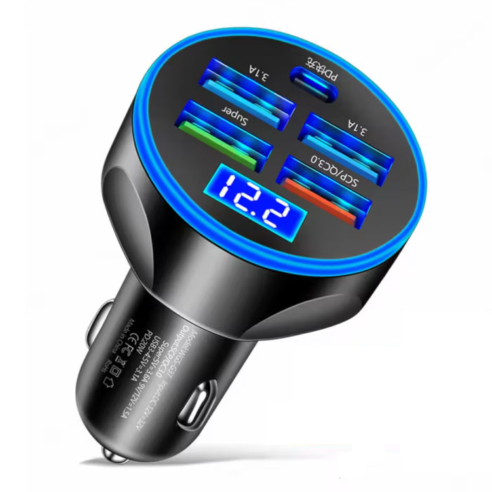 Cargador de coche metálico - Puerto USB y cable USB-C - Adaptador de cargador de 12 V - Negro - Copy
