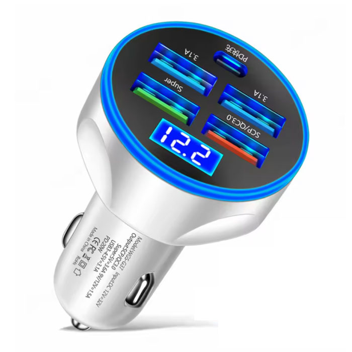 Stuff Certified® Cargador de coche de 5 puertos - 4x USB / 1x USB-C - Adaptador de carga rápida 3.0 - Blanco