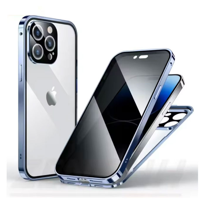 Magnetyczne etui prywatności do iPhone'a 15 Pro Max – podwójne szkło antypoślizgowe 360° – pełne etui – niebieskie