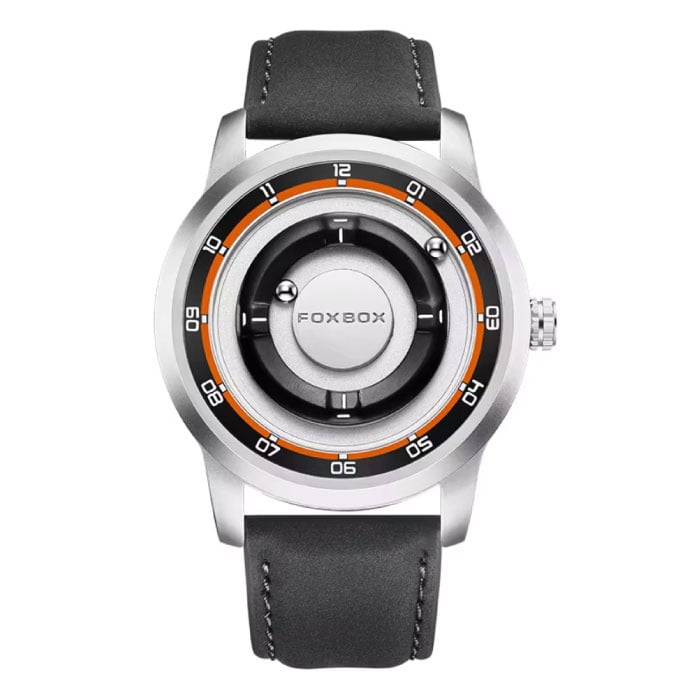 FOXBOX FOXBOX Men's Watch - Floating Magnetic Hand Wristwatch - Shock Resistant 3 ATM - Silver Leather