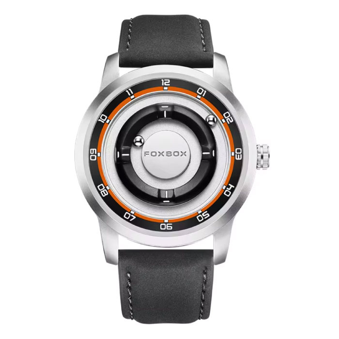 FOXBOX Men's Watch - Floating Magnetic Hand Wristwatch - Shock Resistant 3 ATM - Silver Leather