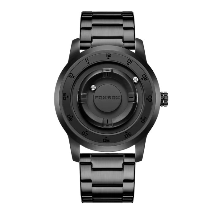 FOXBOX Herrenuhr – Magnetische Armbanduhr mit schwebendem Zeiger – Stoßfest bis 3 ATM – Schwarzer Stahl