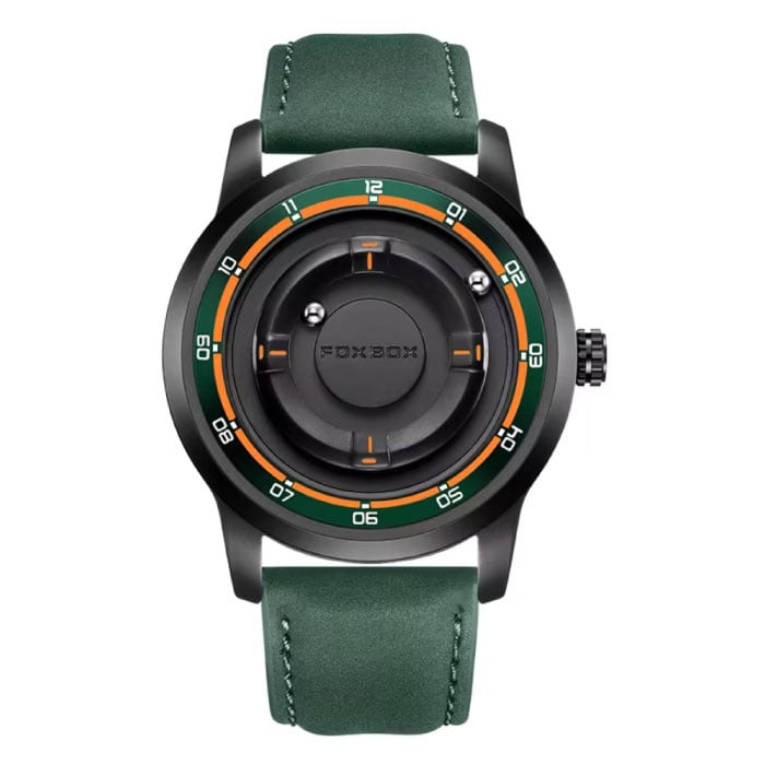 FOXBOX FOXBOX Herrenuhr – Magnetische Armbanduhr mit schwebendem Zeiger – Stoßfest bis 3 ATM – Grünes Leder