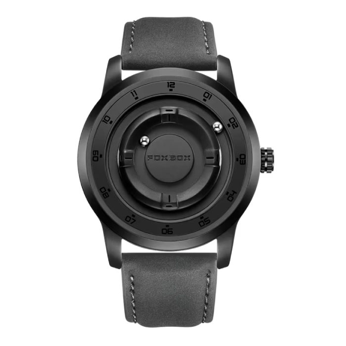 FOXBOX Men's Watch - Floating Magnetic Hand Wristwatch - Shock Resistant 3 ATM - Black Leather