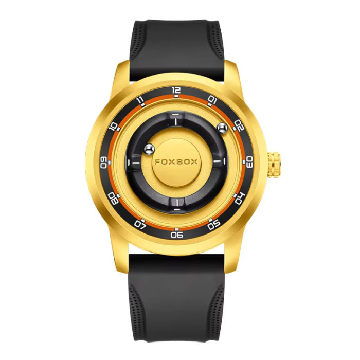 FOXBOX Men's Watch - Floating Magnetic Hand Wristwatch - Shock Resistant 3 ATM - Gold Red Silicone