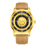 FOXBOX FOXBOX Herrenuhr – Magnetische Armbanduhr mit schwebendem Zeiger – Stoßfest bis 3 ATM – Goldfarbenes Lederarmband