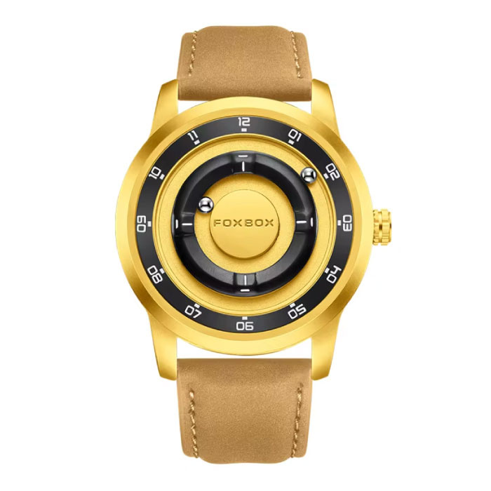 Montre homme FOXBOX - Montre-bracelet à aiguilles magnétiques flottantes - Résistante aux chocs 3 ATM - Bracelet en cuir doré