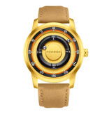 FOXBOX FOXBOX Herrenuhr – Magnetische Armbanduhr mit schwebendem Zeiger – Stoßfest bis 3 ATM – Gold-rotes Lederarmband