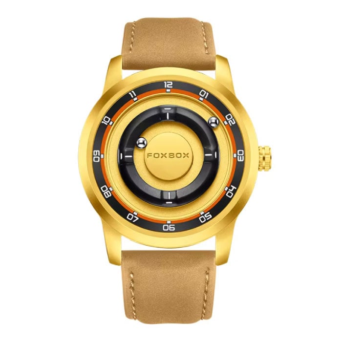 FOXBOX Orologio da uomo FOXBOX - Orologio da polso con lancetta magnetica galleggiante - Resistente agli urti fino a 3 ATM - Cinturino in pelle rossa e oro