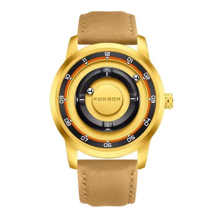Montre homme FOXBOX - Montre-bracelet à aiguilles magnétiques flottantes - Résistante aux chocs 3 ATM - Bracelet en cuir rouge et or