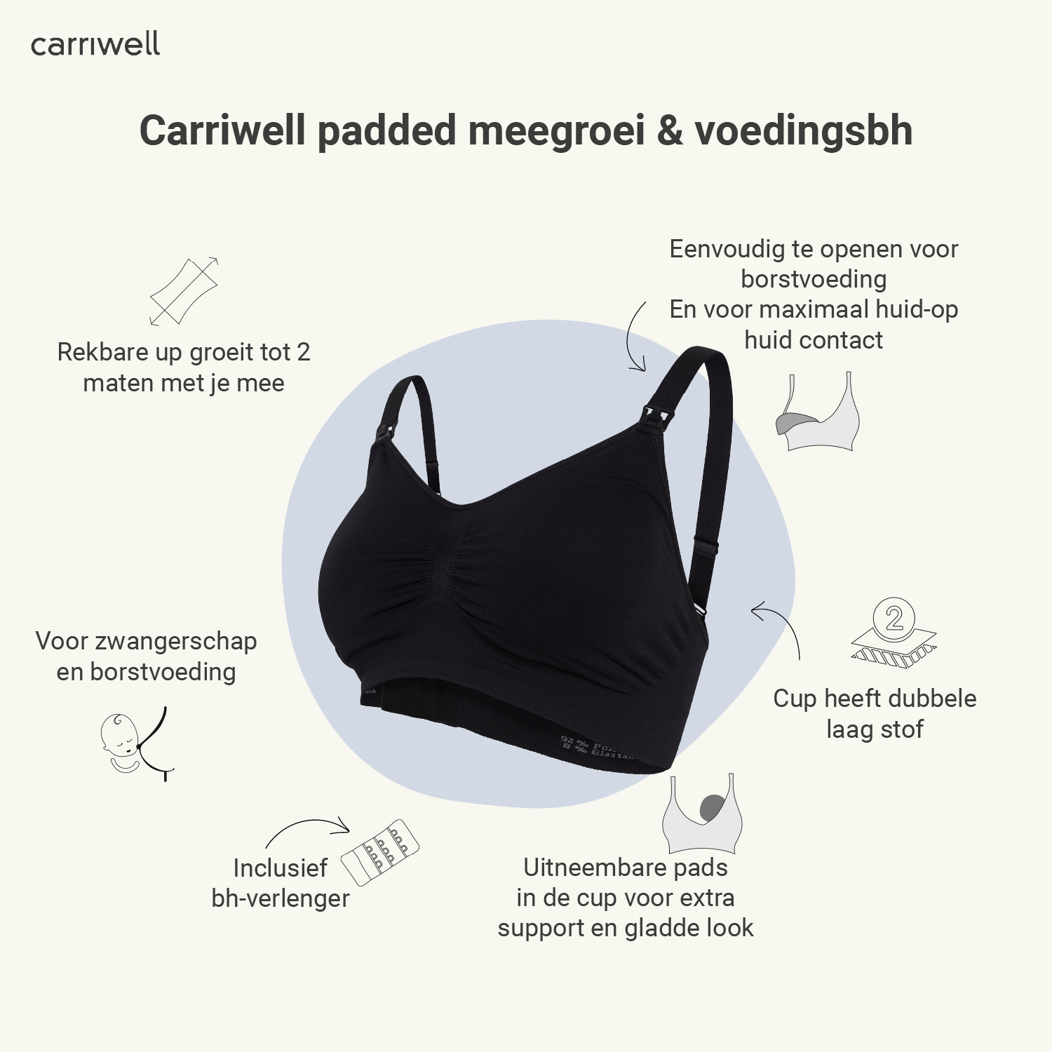 Carriwell Carriwell Meegroei & Voedingsbh Padded - Zwart