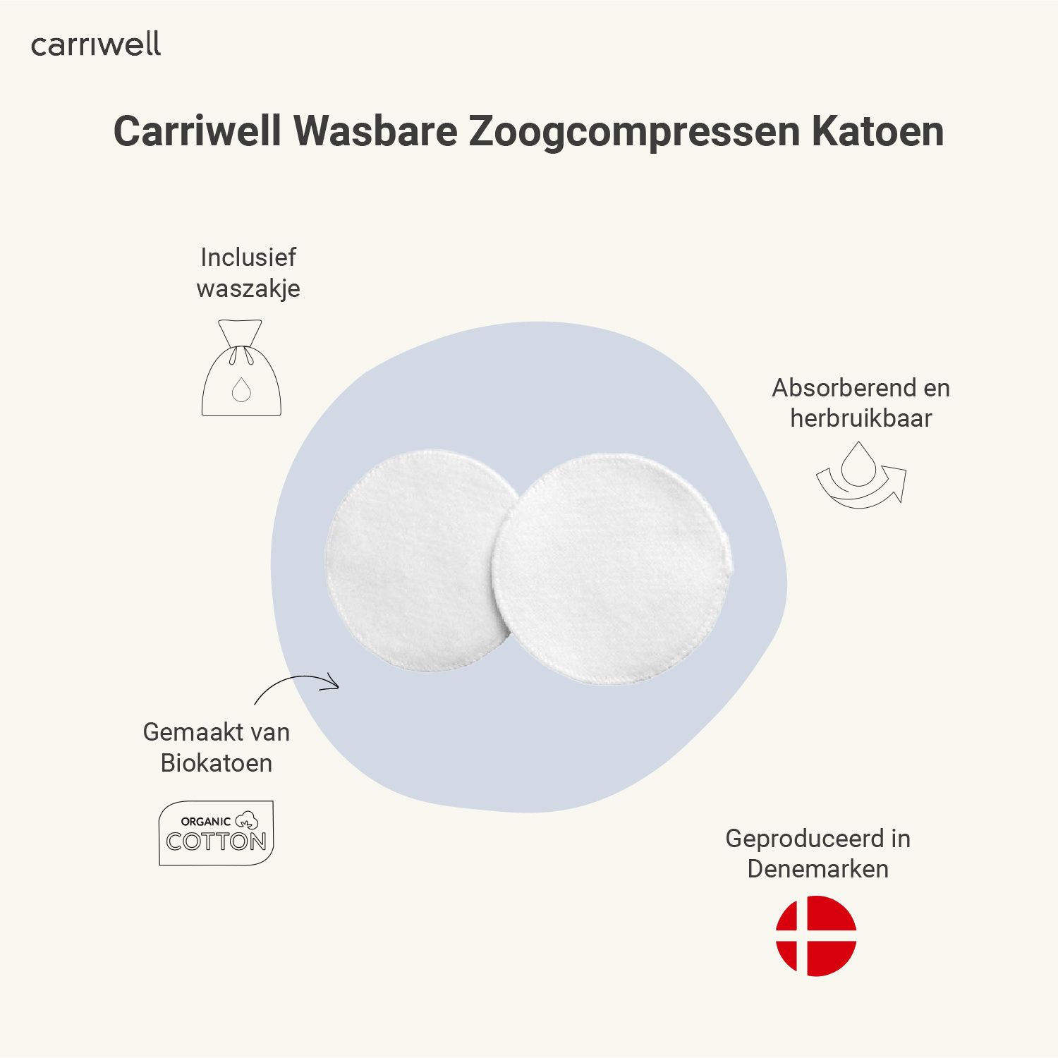 Carriwell Carriwell Wasbare Zoogcompressen - Katoen - Wit (6 st)