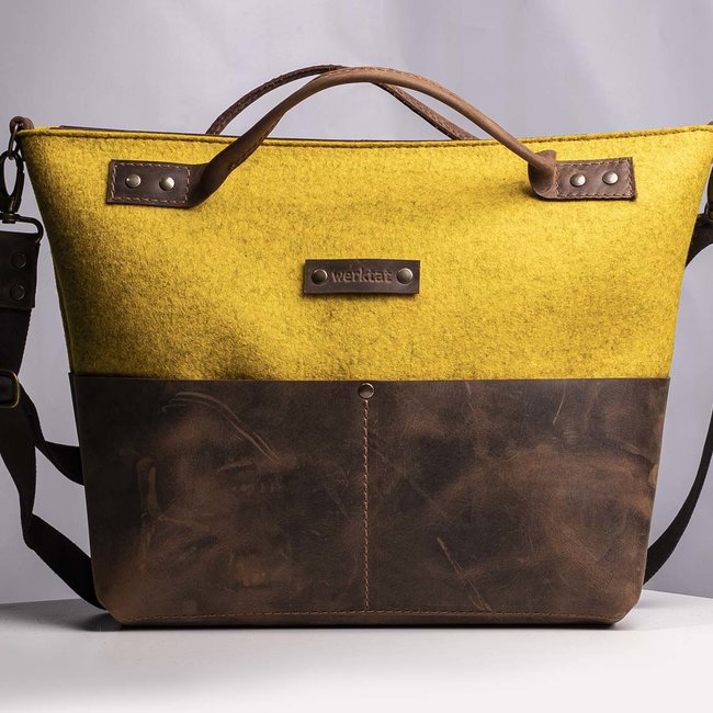 Office bag for over-the-shoulder wear, leather & felt