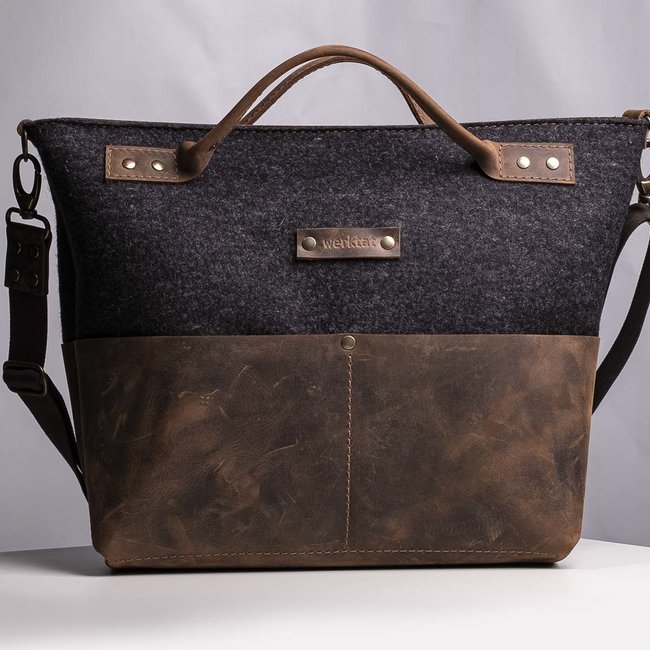 Office bag for over-the-shoulder wear, leather & felt