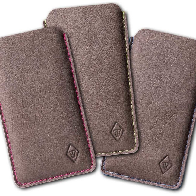 gray iPhone leather sleeve with colorful bright felt lining SCHUTZPATRON