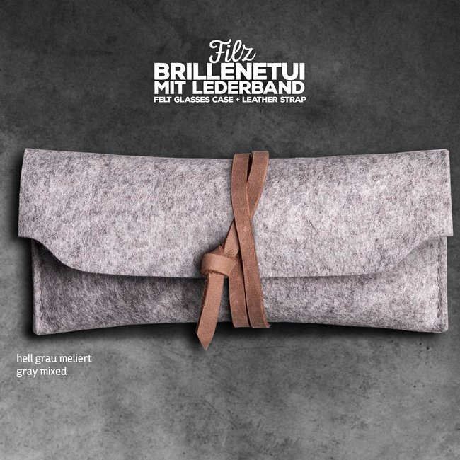 handmade felt glasses case: closed by a leather strap