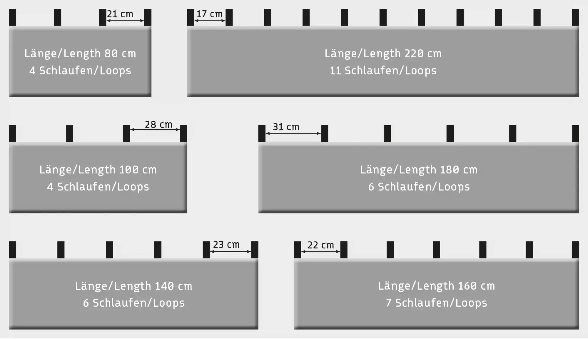 Wandkissen Beispiele für unterschiedliche Längen und Schlaufen-Anzahlen