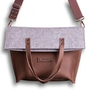 Foldover bag in genuine leather & wool felt, women's crossbody bag