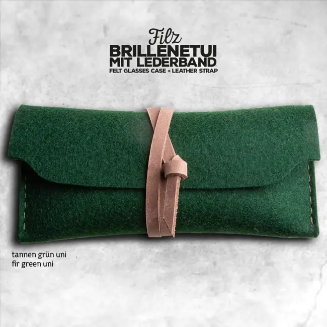 handmade felt glasses case: closed by a leather strap