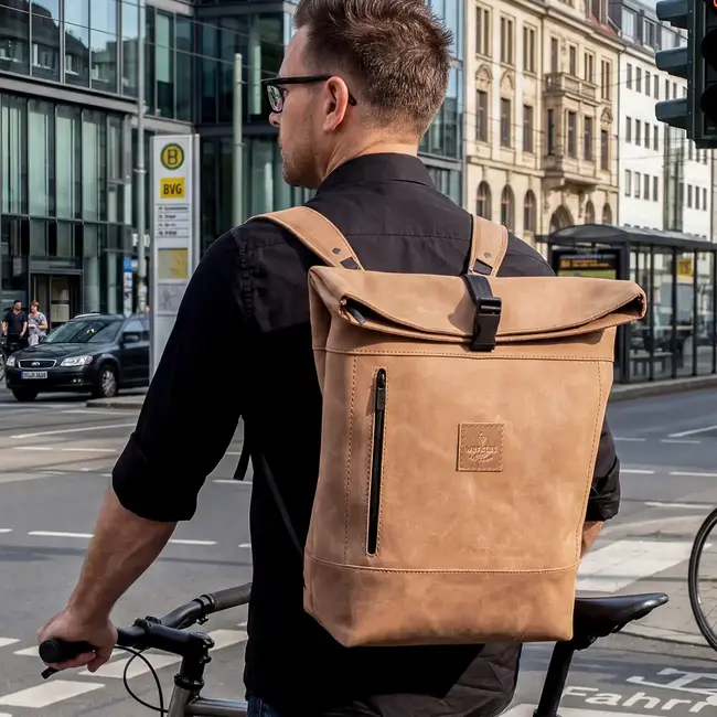Rucksack Leder mit Rolltop