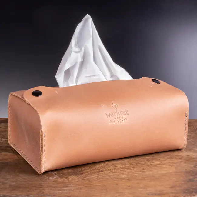 Cosmetic tissue box cover in leather