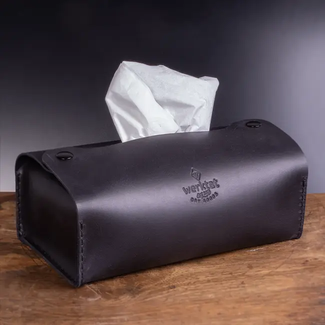 Cosmetic tissue box cover in leather