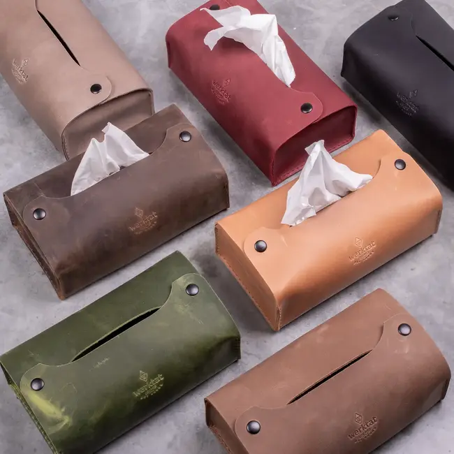 Cosmetic tissue box cover in leather