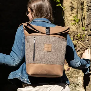 Rolltop backpack small in wool felt & cowhide leather, women