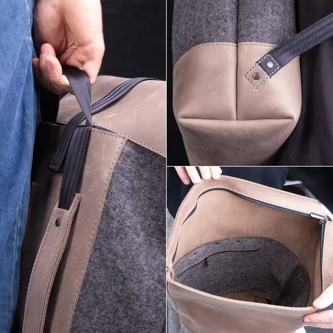 Rolltop backpack small in wool felt & cowhide leather