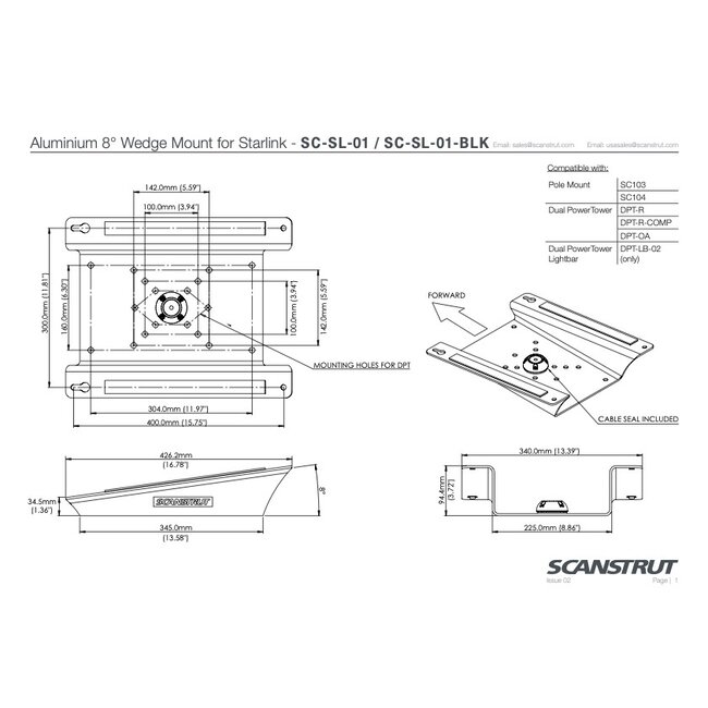 SCANSTRUT SC-SL-01-BLK Aluminium 8° Wedge Mount for Starlink Flat High-Performance