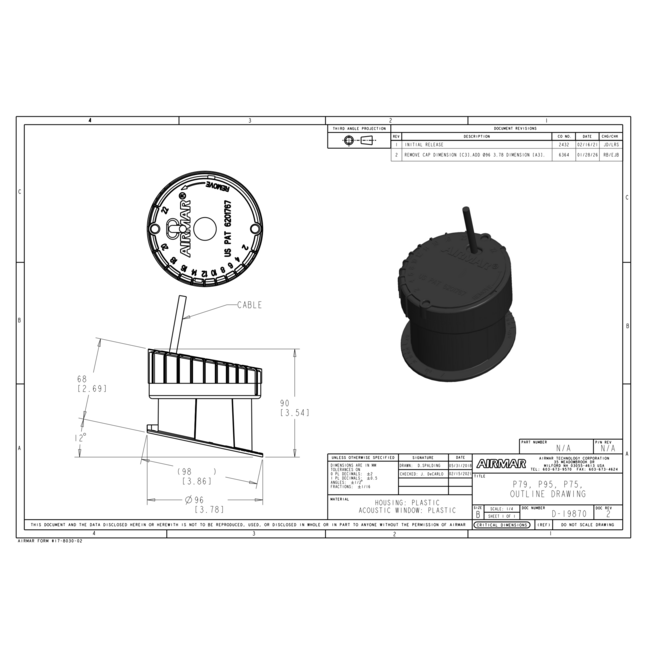 AIRMAR P95M High-Performance 300 W Medium CHIRP In-Hull Transducer