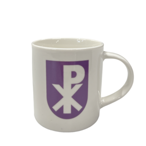 White mug with purple logo