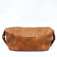 Karl Cognac Leather Wash Bag