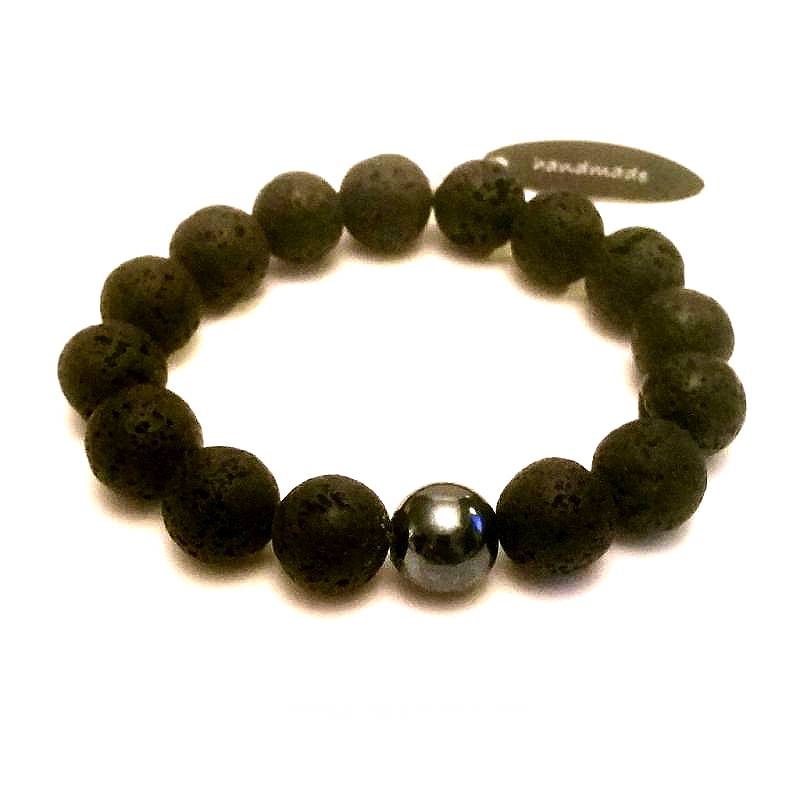 Sazou Jewels Armband Natural Stones Lava 12 mm met hematiet