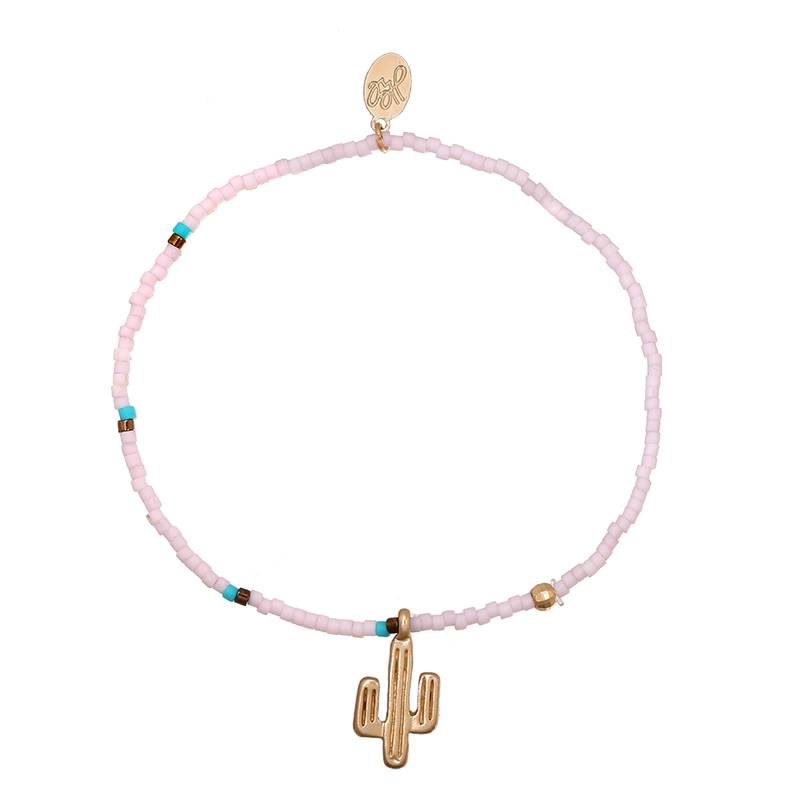 Elastisch Soft Pink armbandje met gouden Cactus