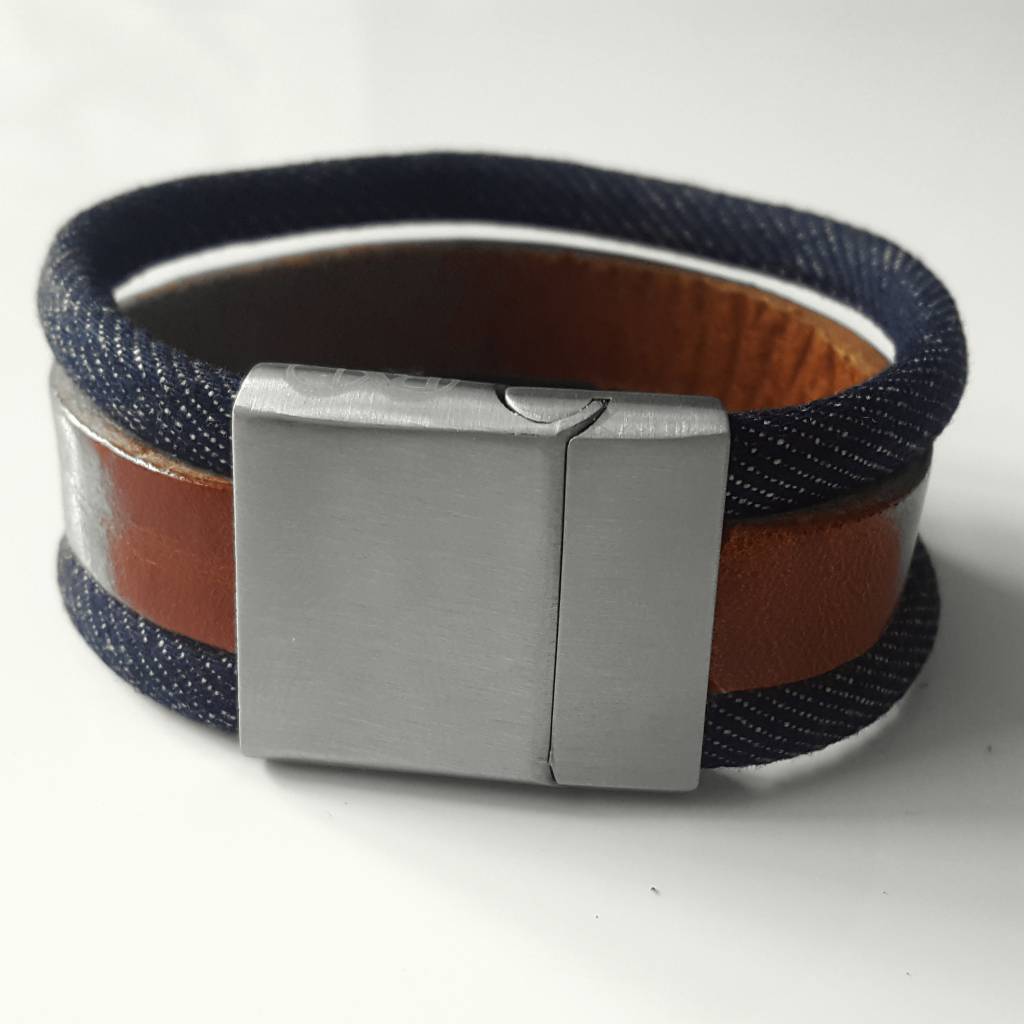 B & L Echt leren armband Cognac - Jeans met steel slot