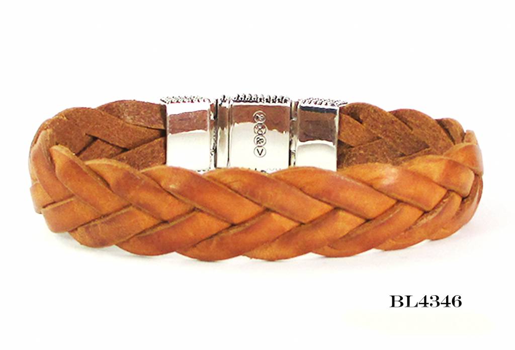 B & L Echt leren gevlochten armband cognac met zilveren slot