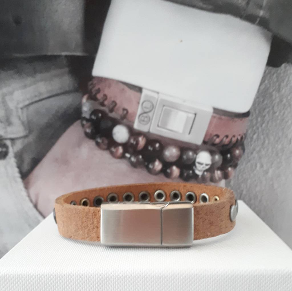 B & L Lederen Armband Ruw Brown  met studs  BL 99828