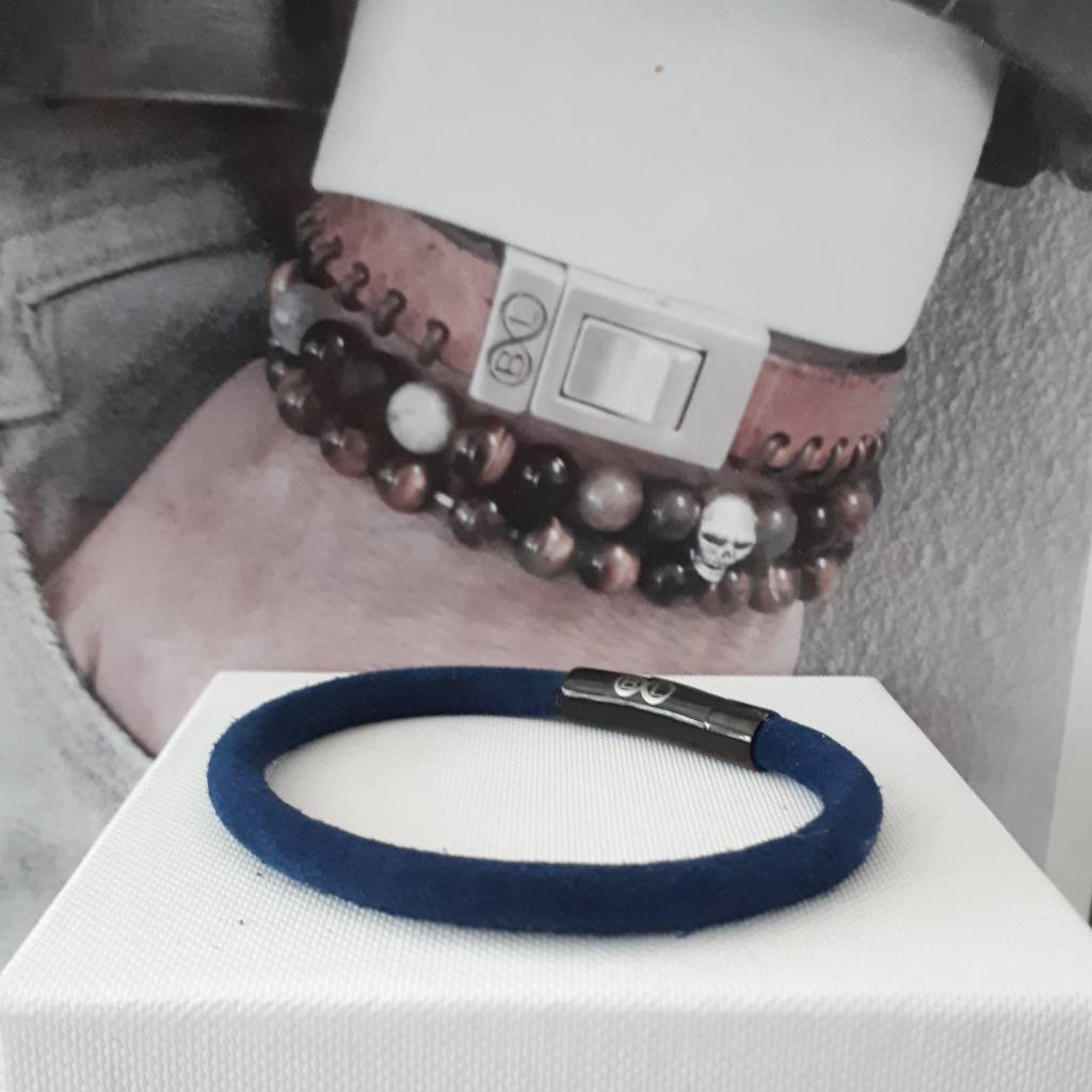 B & L Leren armband Dark Blue met zwart  stainless steel slot