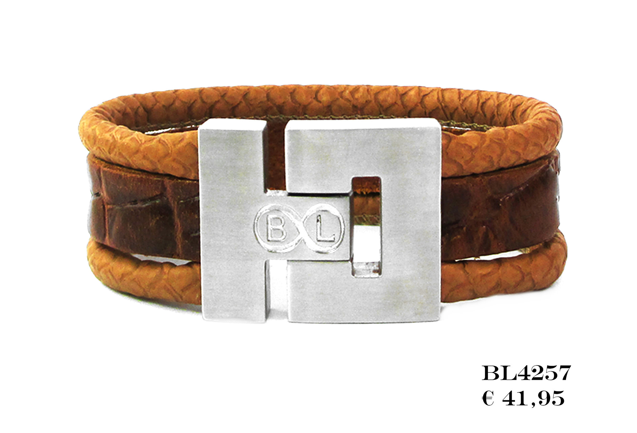 B & L Robuuste echt leren armband in Cognac  met Bruine uitvoering