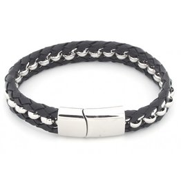 Sazou Jewels Armband Leer en Staal | Zwart | Shiny Steel