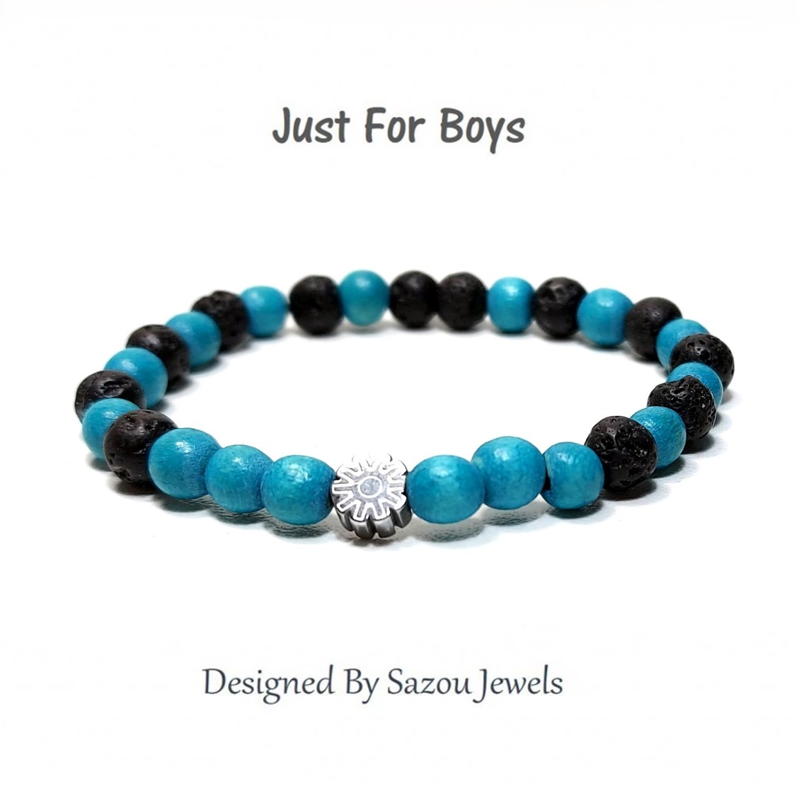 Sazou Jewels Armband Boys  - Natural Stones Wood met lava en hematiet mandala spacer