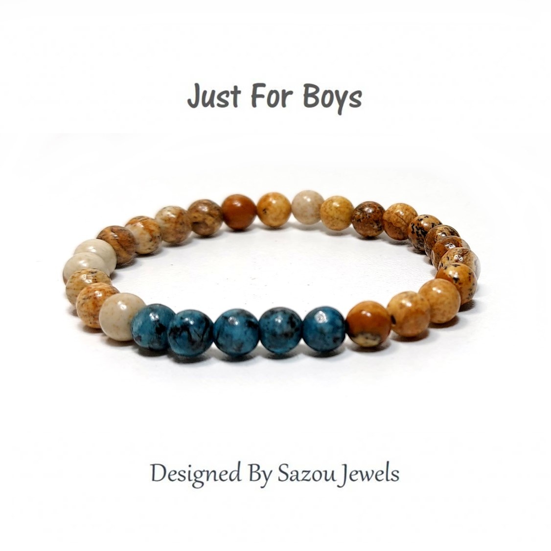 Sazou Jewels Armband Boys  - Natural Stones Tan Brown & Petrol Blue marmer