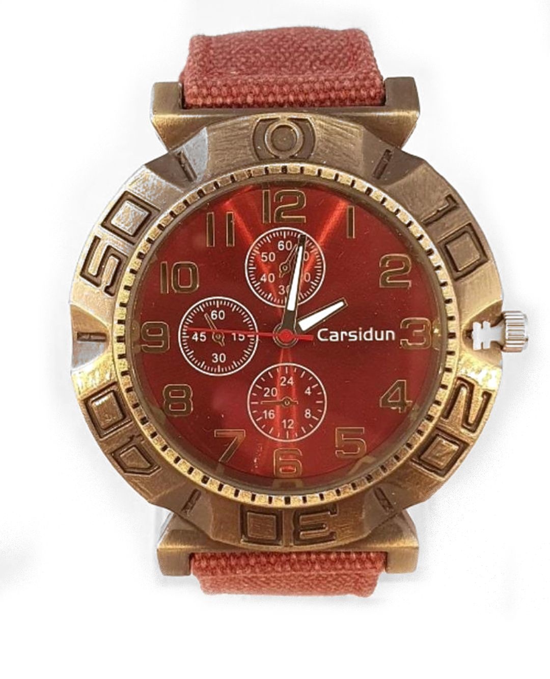 Carsidun Carsidun analoog heren horloge Bordeaux met brons look en canvasband