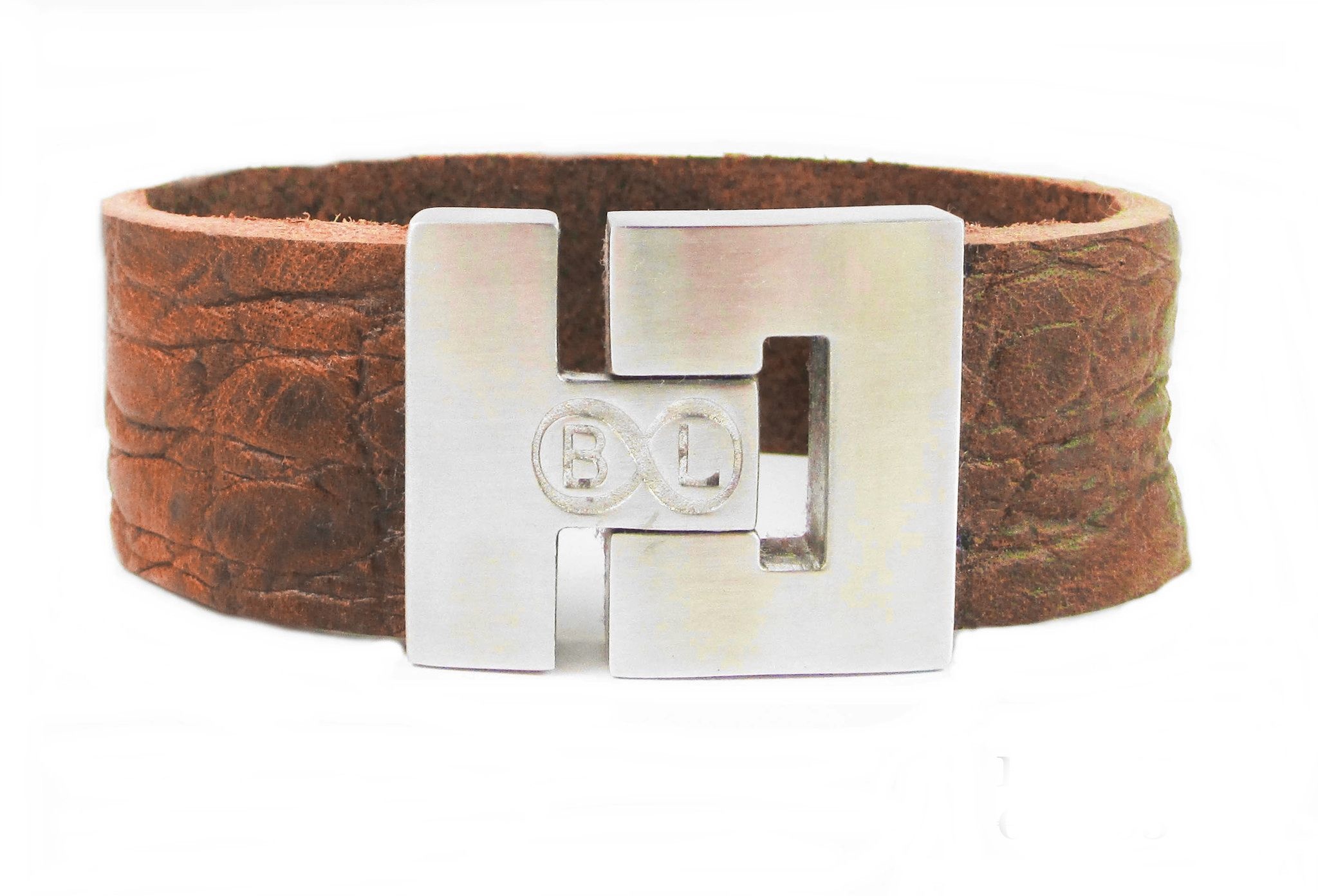 B & L Echt leren armband "Snake"Cognac met steel slot