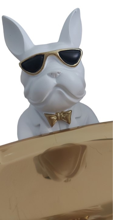 Spaarpot witte bulldog met bril en goud dienblad